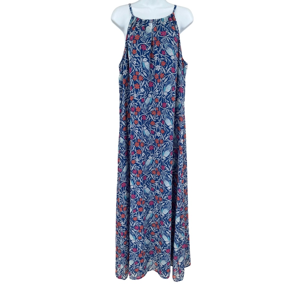 Old Navy Womens Blue Bird Floral‎ Chiffon Halter Maxi Dress Sz L Sleeveless Boho